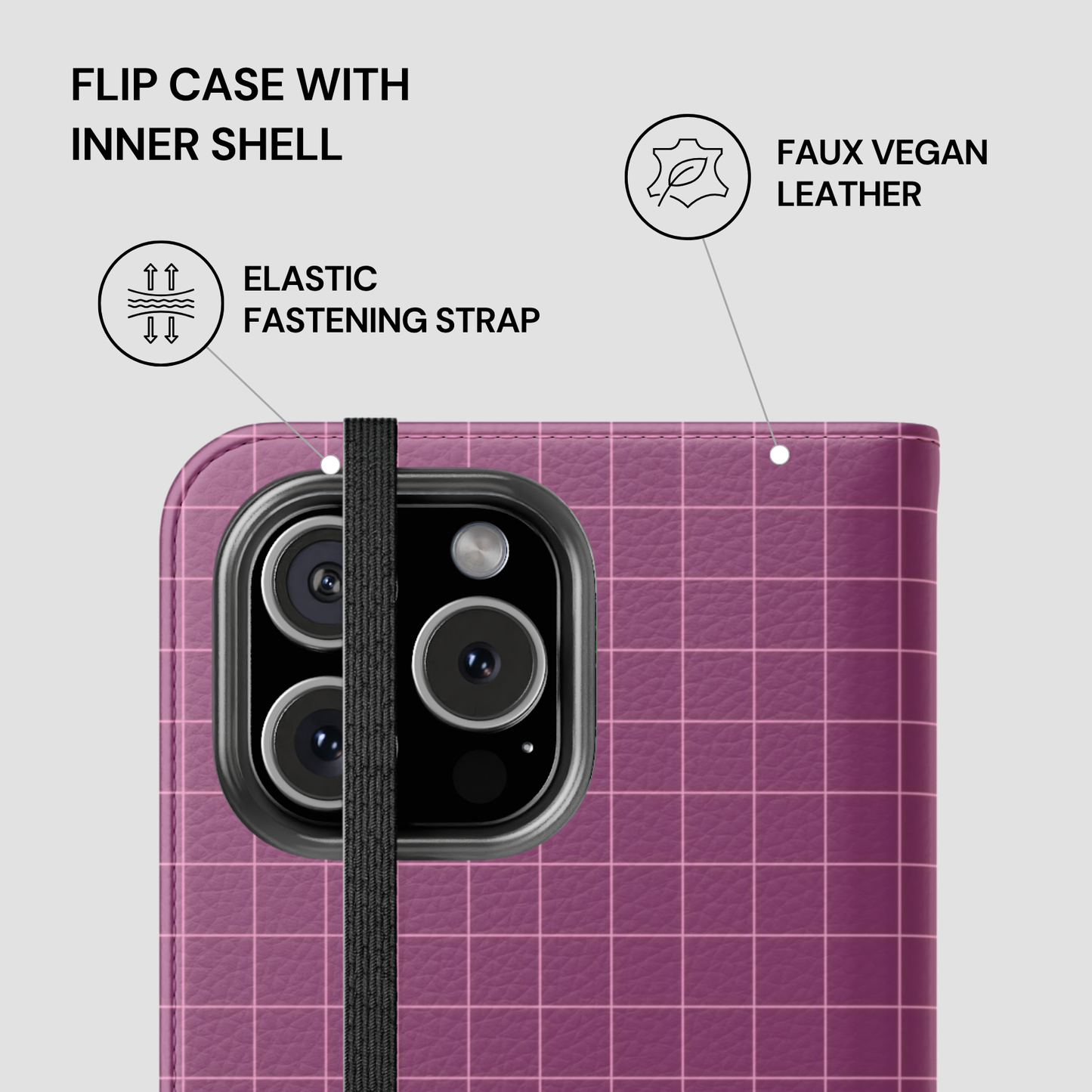 Purple grid-patterned phone case with elastic fastening strap on a gray background