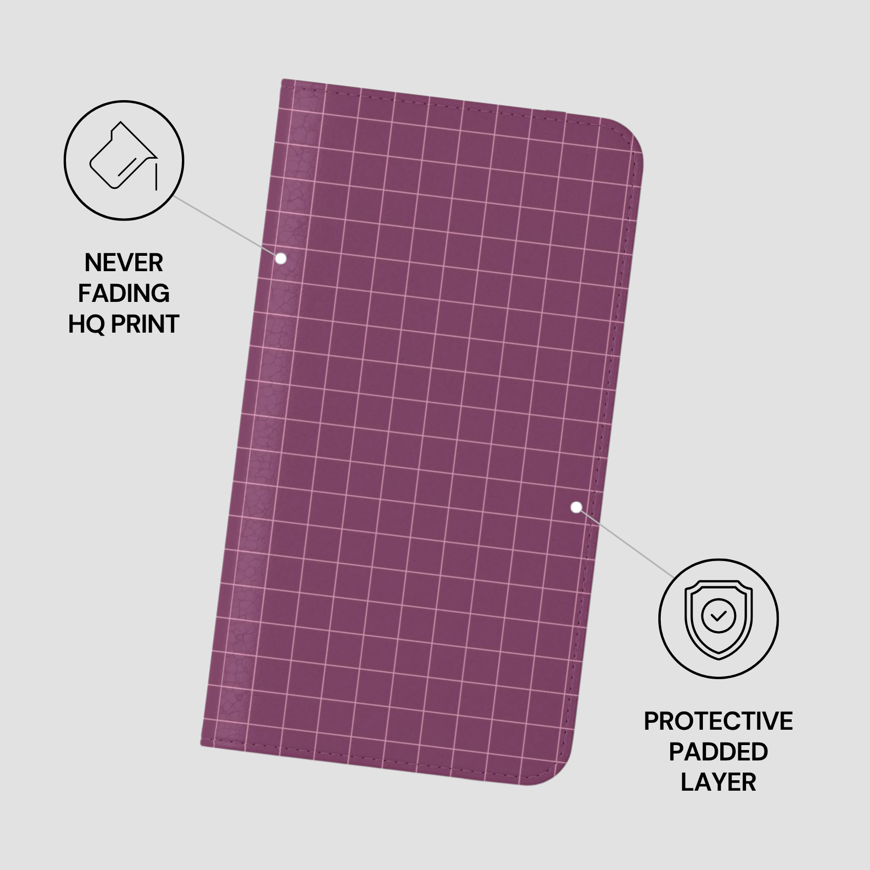 Purple grid-patterned product with 'Never Fading HQ Print' and 'Protective Padded Layer' text on a light gray background