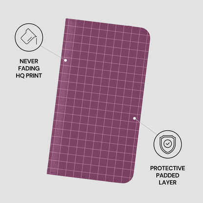 Purple grid-patterned product with 'Never Fading HQ Print' and 'Protective Padded Layer' text on a light gray background