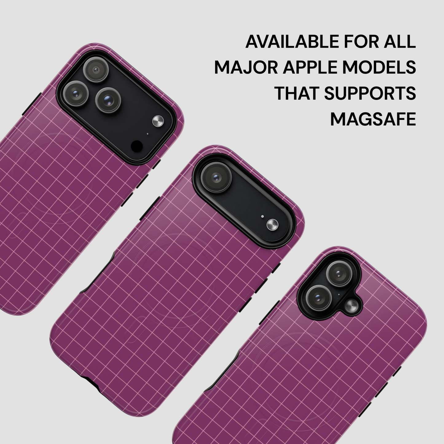 Purple grid-patterned phone case with text indicating compatibility for Apple devices supporting MagSafe.