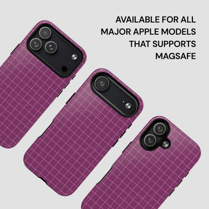 Purple grid-patterned phone case with text indicating compatibility for Apple devices supporting MagSafe.