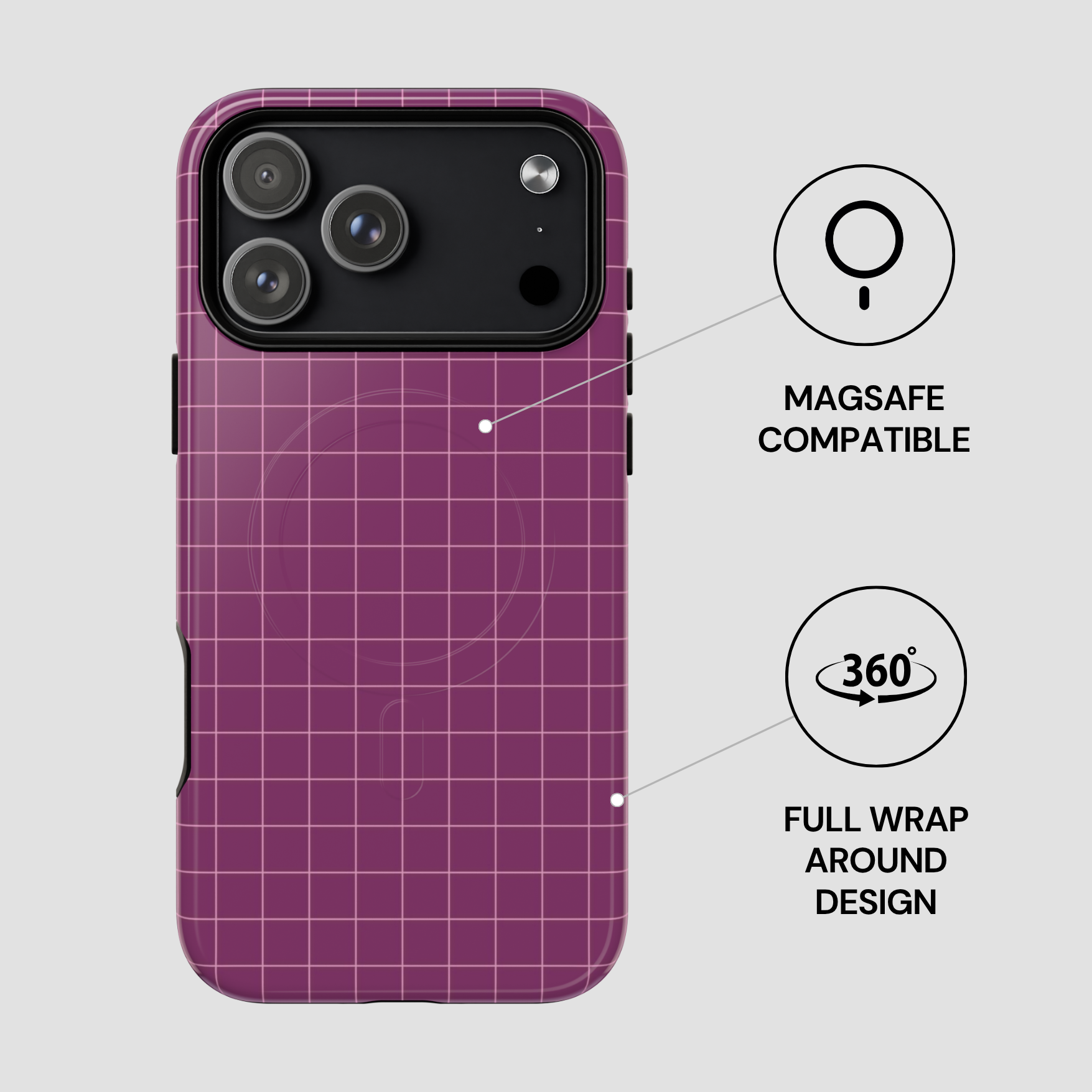 Purple grid-patterned phone case with Magsafe compatibility and 360-degree design features on a light gray background.