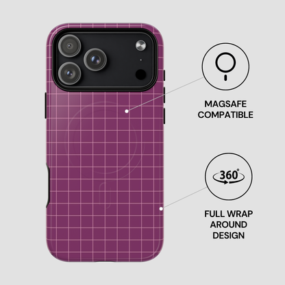 Purple grid-patterned phone case with Magsafe compatibility and 360-degree design features on a light gray background.