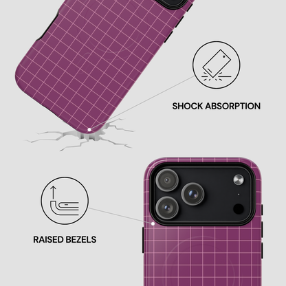 Purple grid-patterned phone case with shock absorption and raised bezels features on a white background