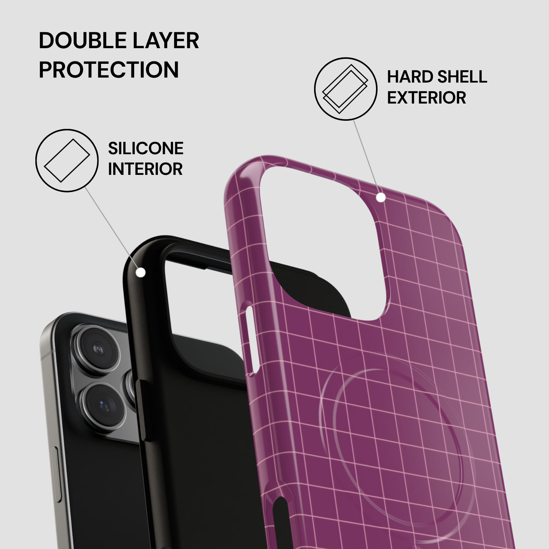 Phone case with double layer protection features on a gray background