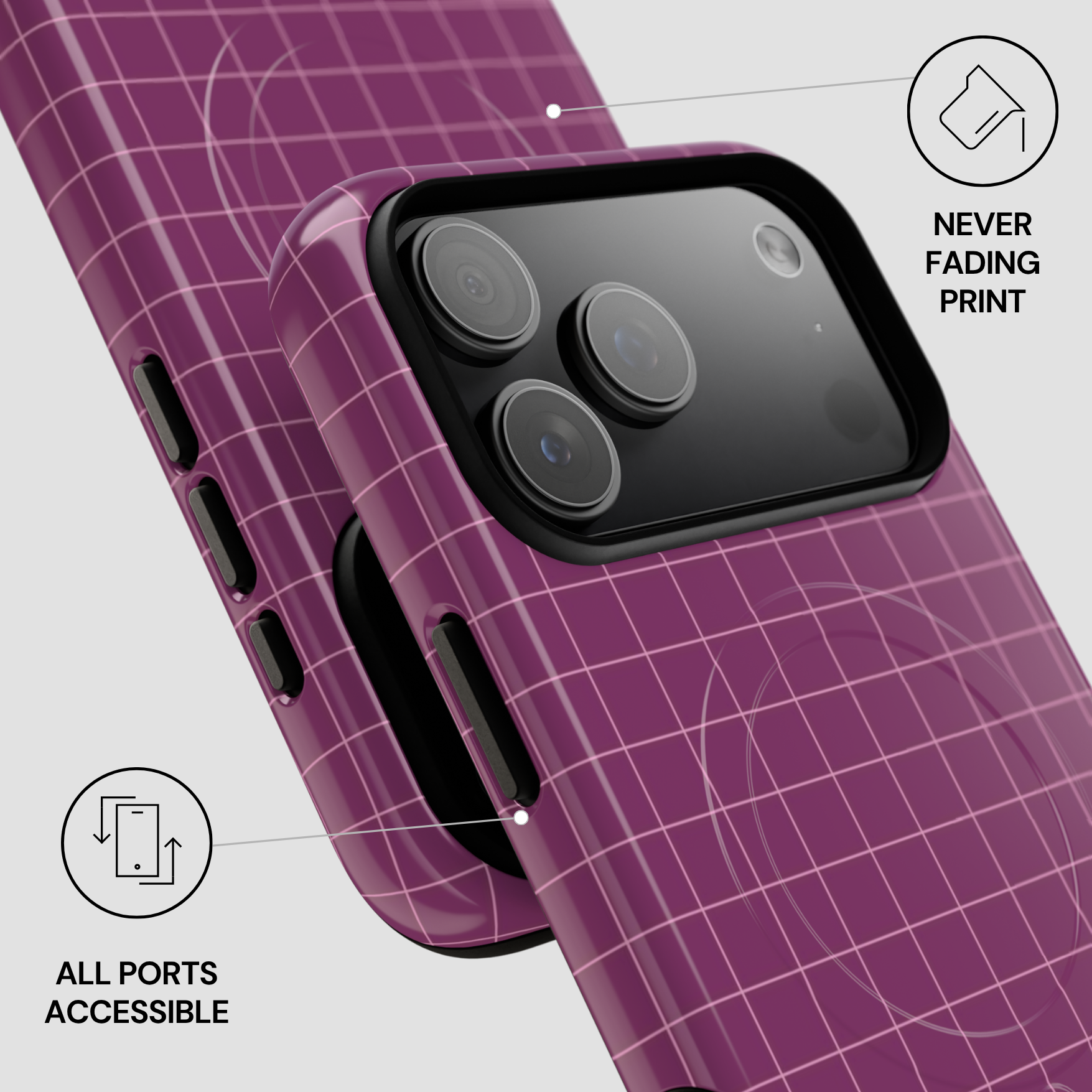 Purple grid-patterned phone case with ports accessibility and fade resistance features on a light gray background