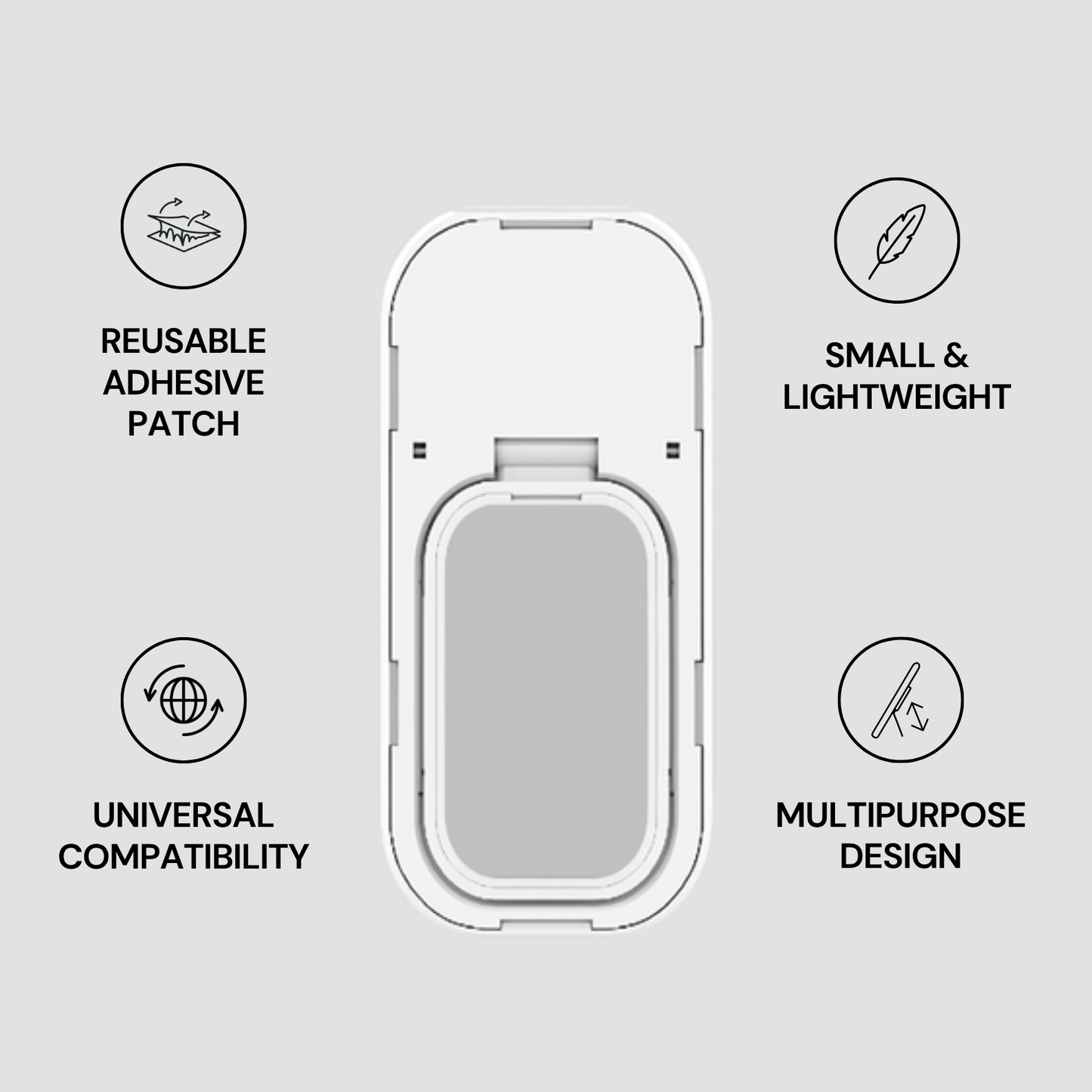 Reusable adhesive patch with features listed on a gray background