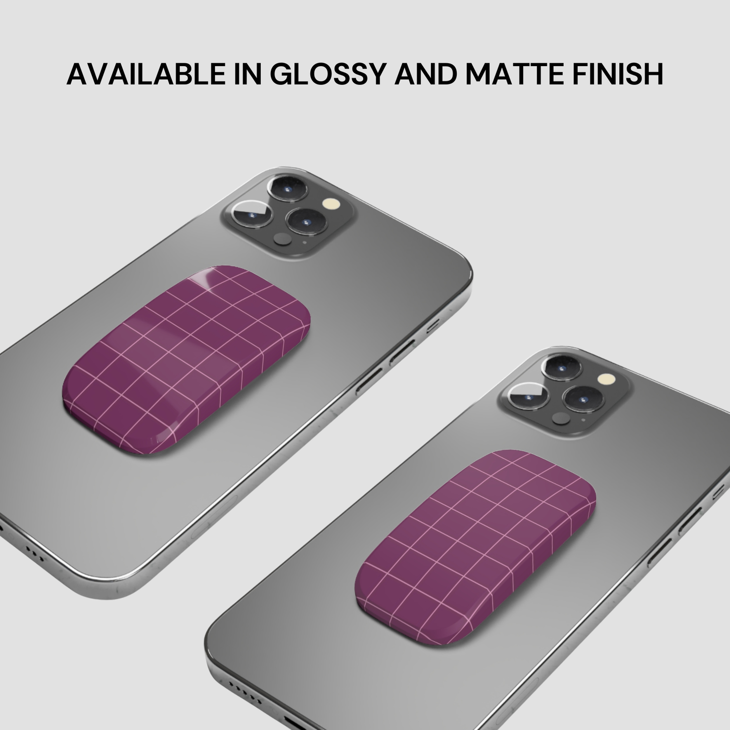 Two phone cases with a purple grid design on a gray background, with text indicating finish options.