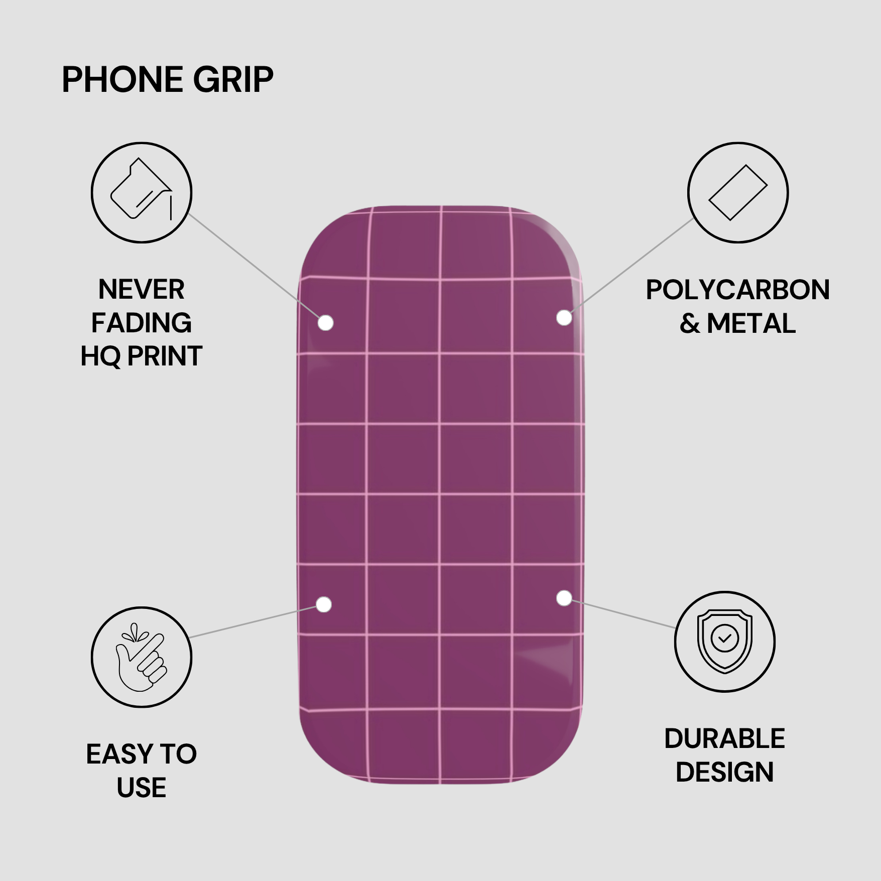 Purple phone grip with features listed on a gray background