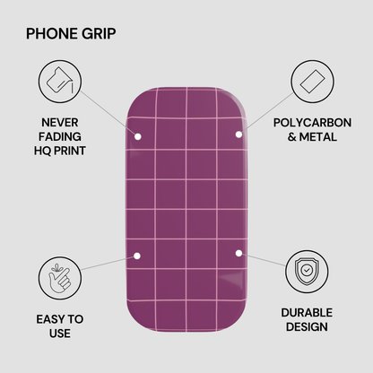 Purple phone grip with features listed on a gray background
