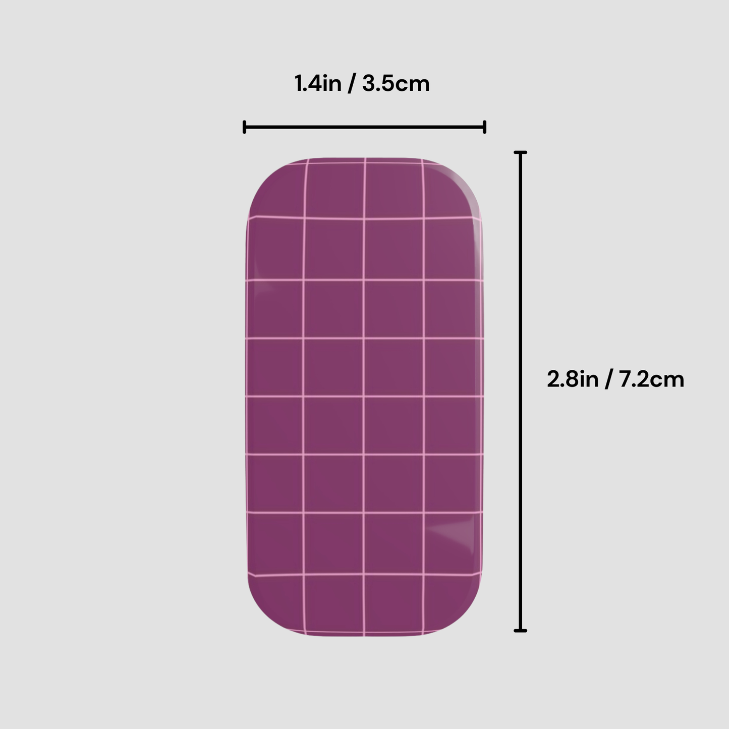 Purple grid-patterned object with measurements on a gray background