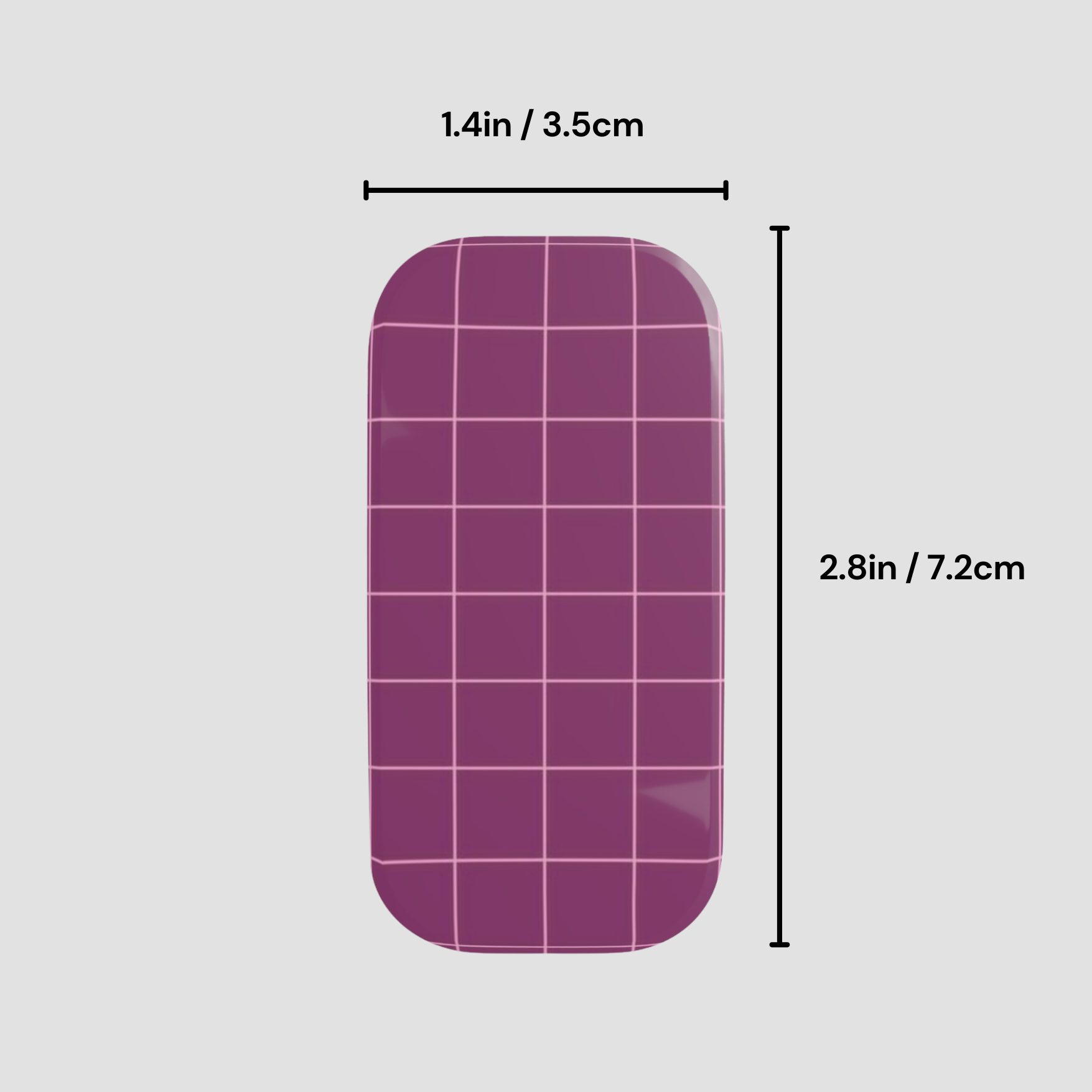 Purple grid-patterned object with measurements on a gray background