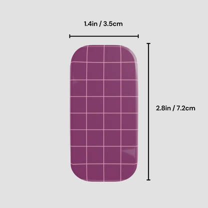 Purple grid-patterned object with measurements on a gray background
