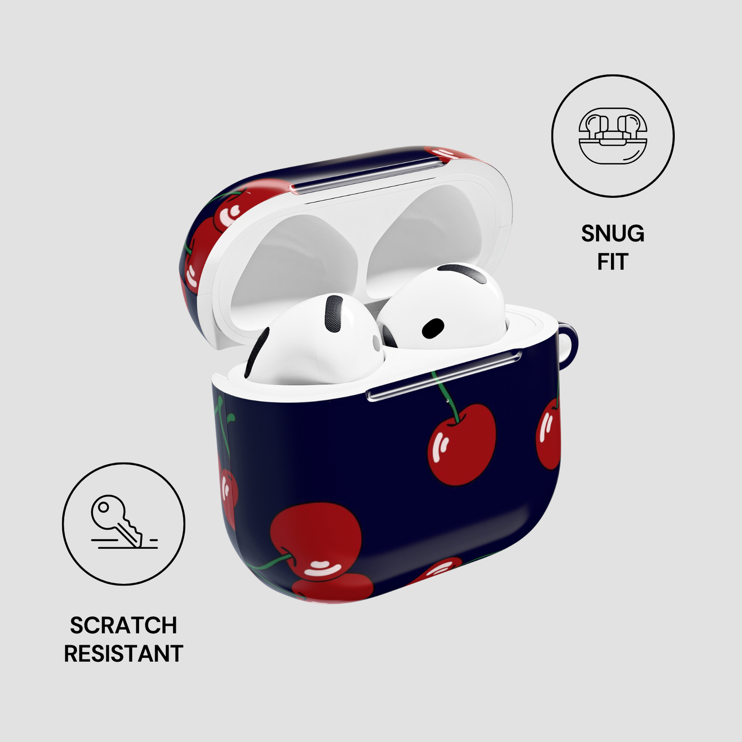 Cherry-patterned case for wireless earbuds with features highlighted on a light gray background
