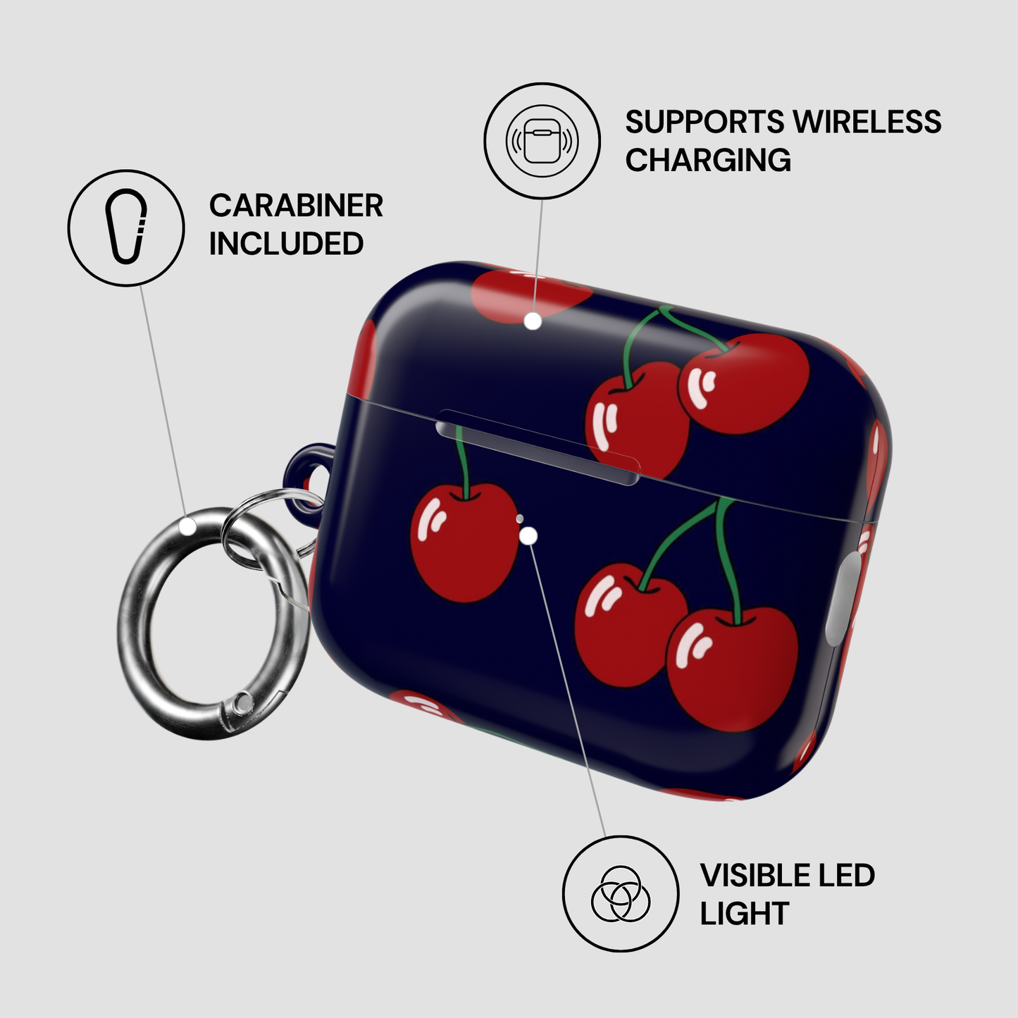 Cherry-patterned case with carabiner and wireless charging features on a gray background