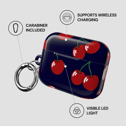 Cherry-patterned case with carabiner and wireless charging features on a gray background