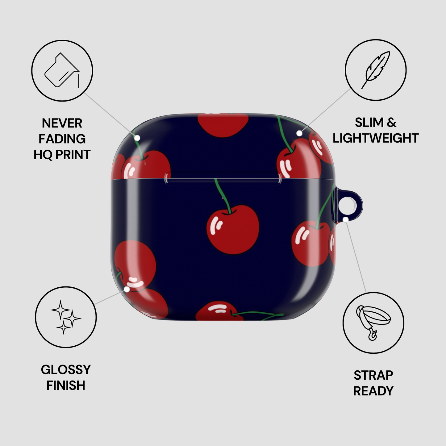 Navy blue case with red cherry pattern on a white background