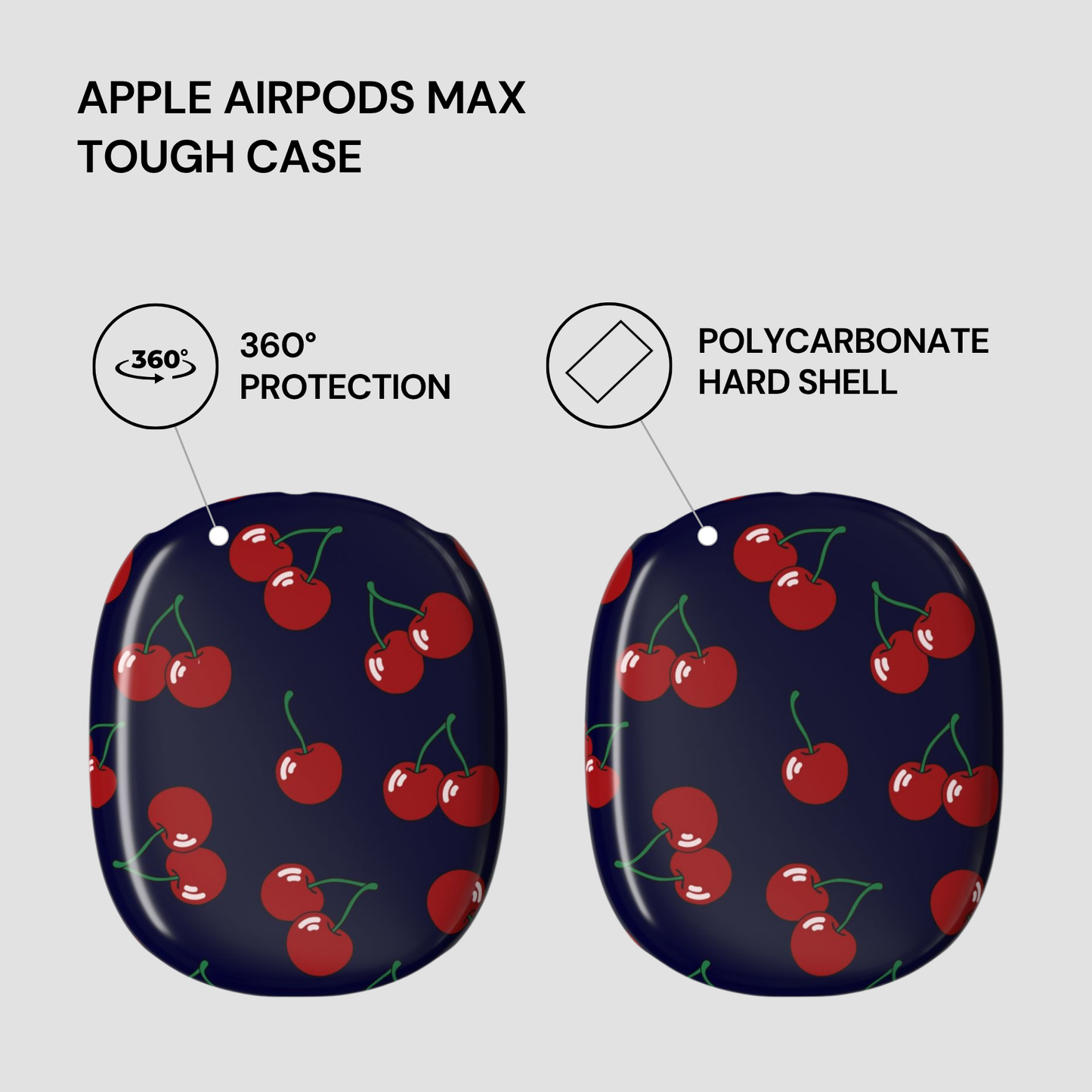Apple AirPods Max tough case with cherry pattern on a light gray background