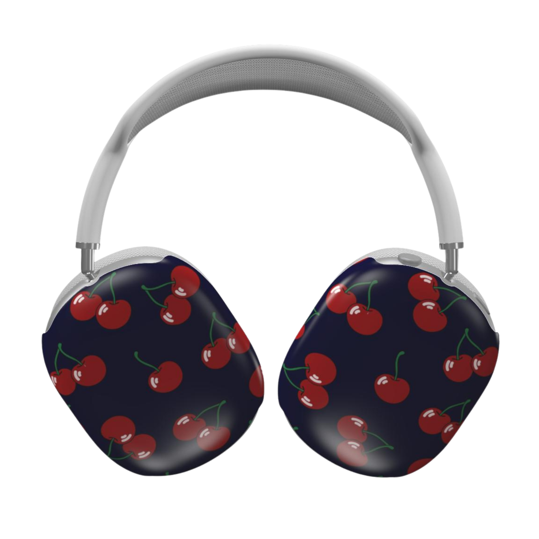 Headphones with cherry pattern on a dark blue background