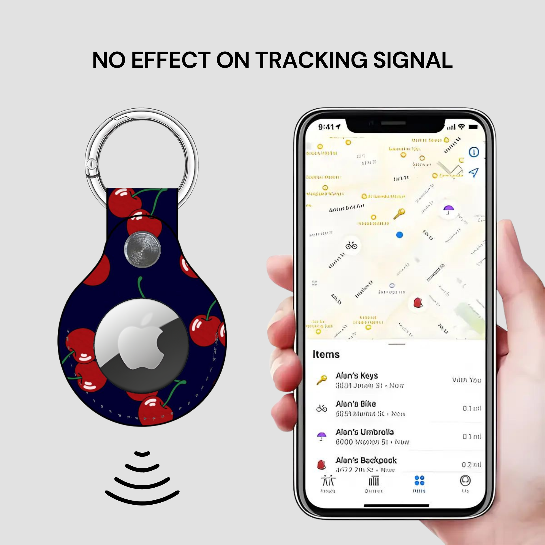 Smart keychain with cherry design next to a phone displaying a location app.