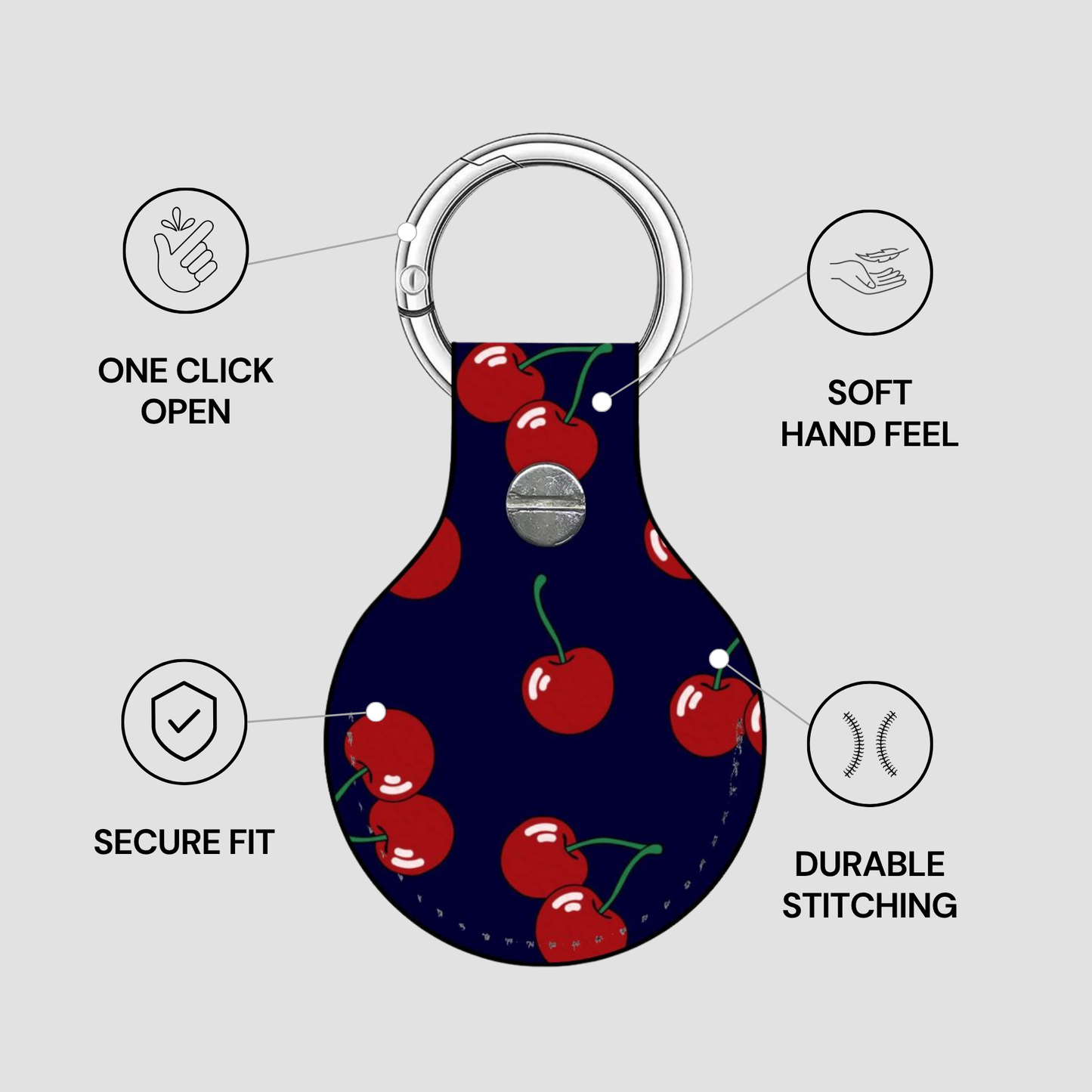 Keychain with cherry pattern on a gray background, featuring text on features.