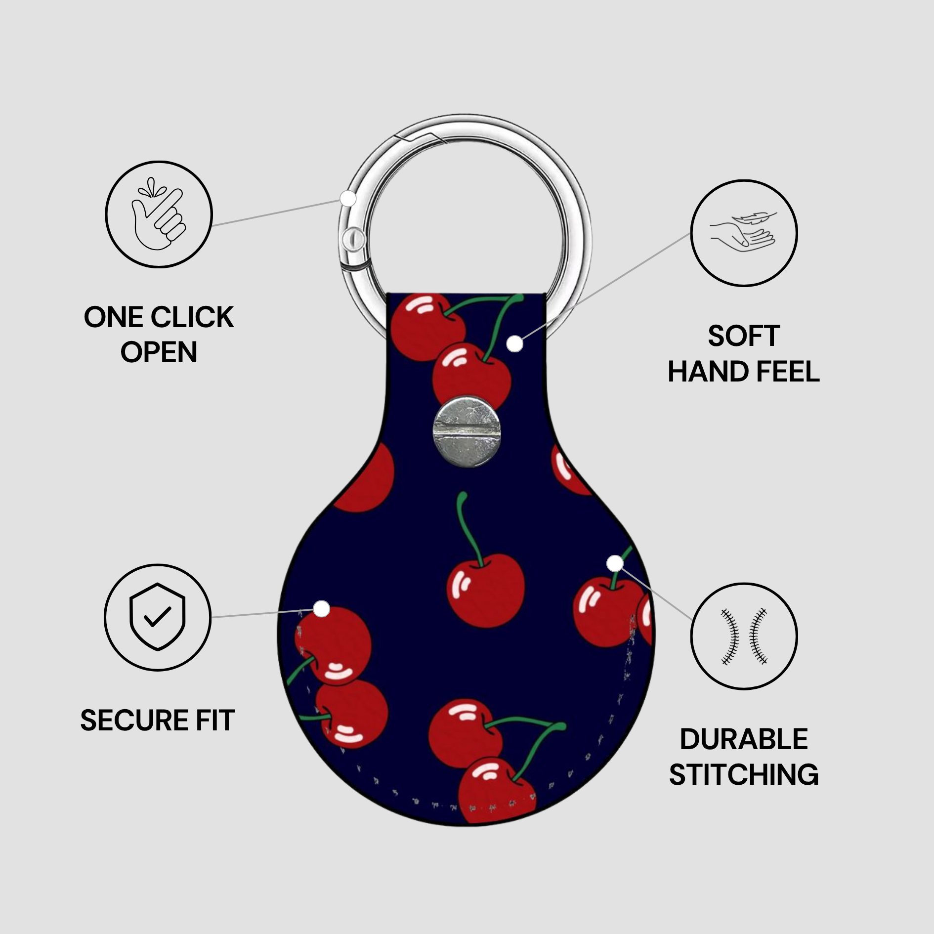 Keychain with cherry pattern on a gray background, featuring text on features.