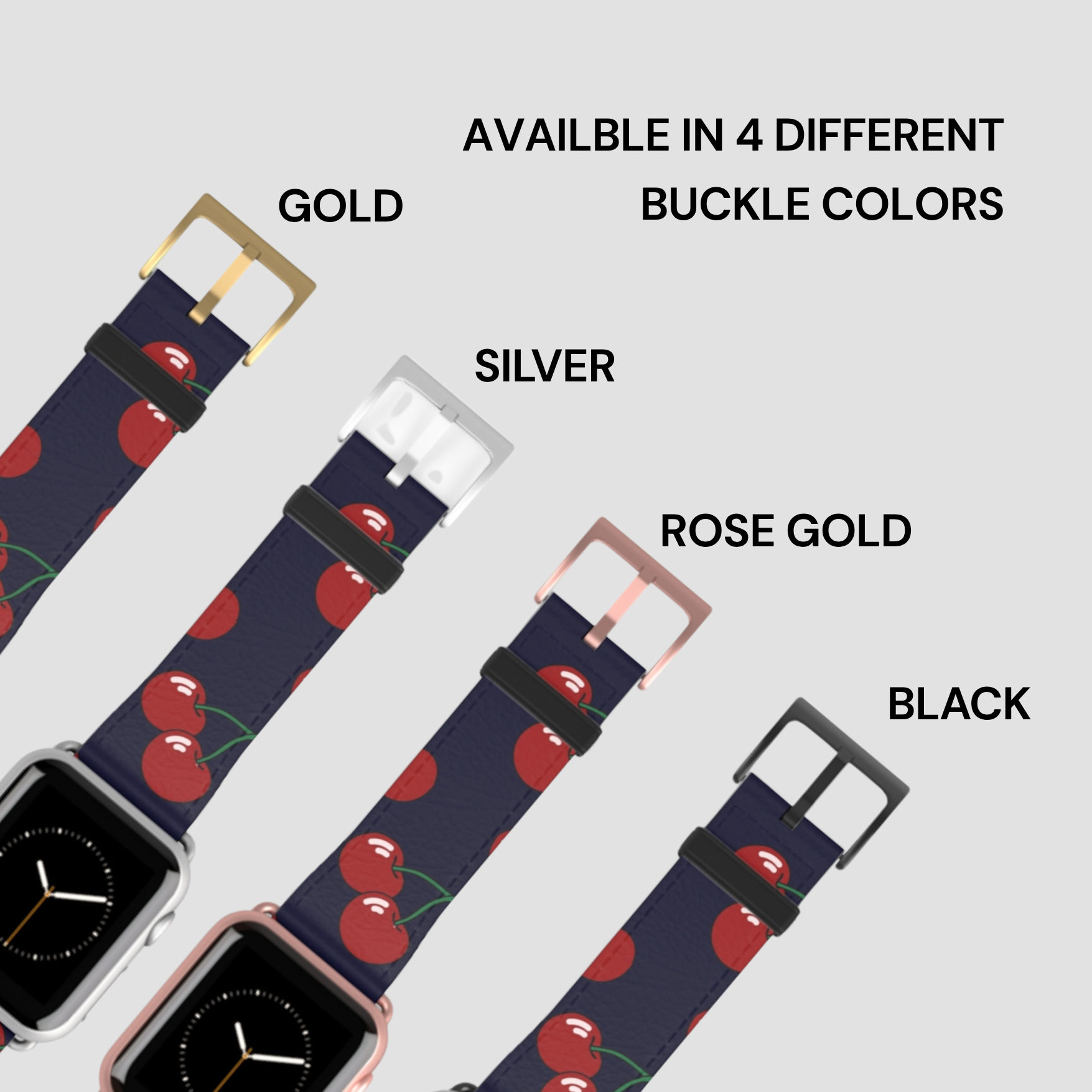 Watch straps with cherry pattern and color options labeled on a light gray background