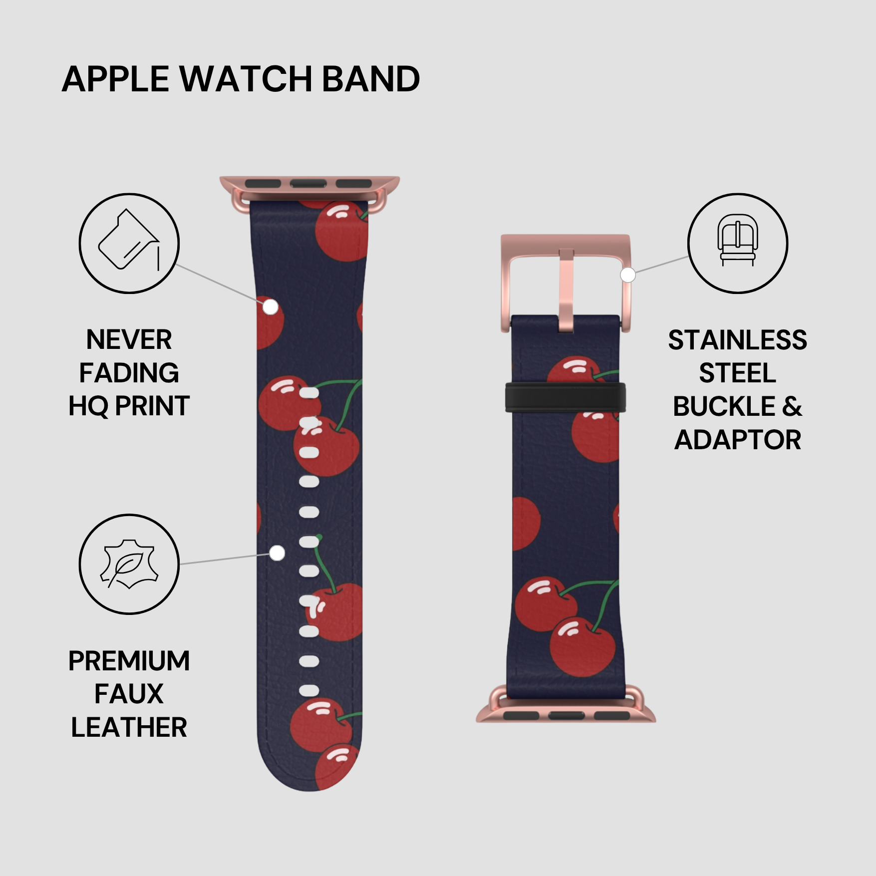 Apple Watch band with cherry design on a light gray background