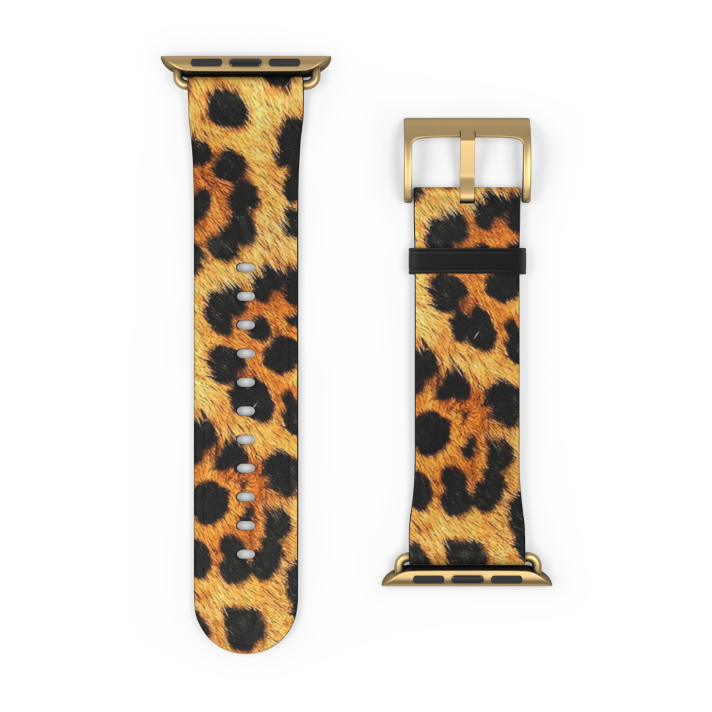 Leopard print watch band with gold metal clasp on a white background
