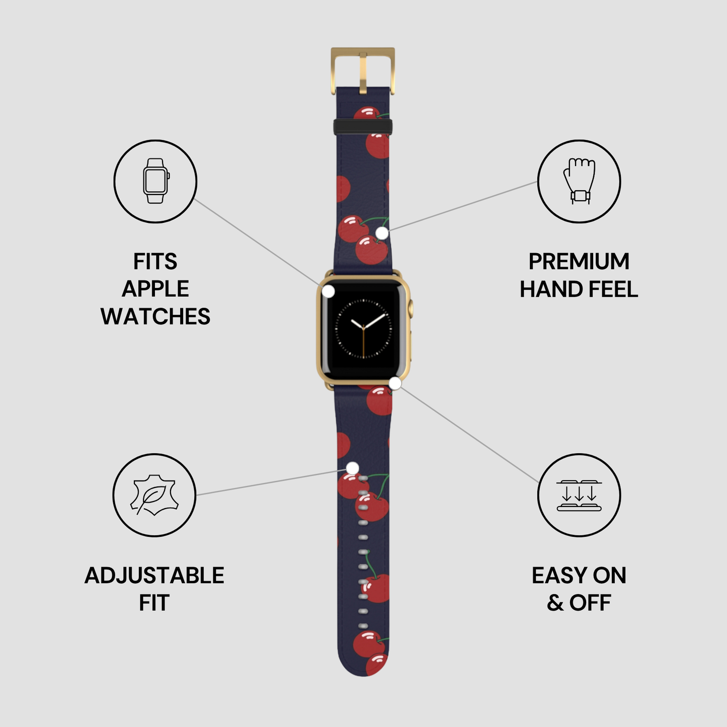 Smartwatch with a cherry patterned band on a white background with feature icons.