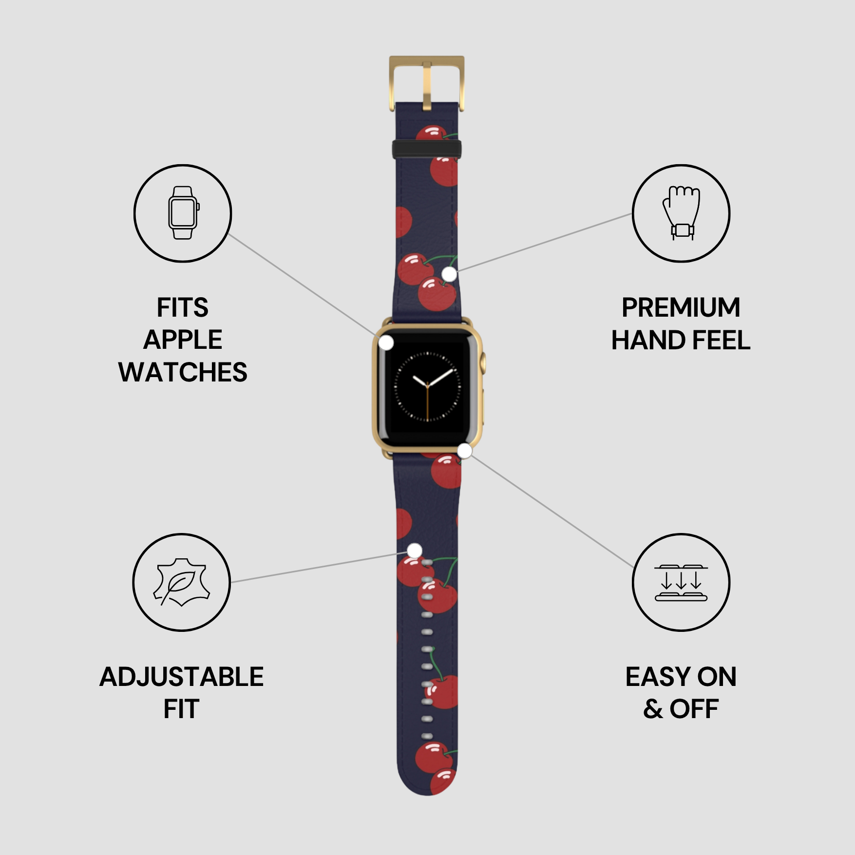 Smartwatch with a cherry patterned band on a white background with feature icons.