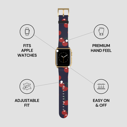 Smartwatch with a cherry patterned band on a white background with feature icons.