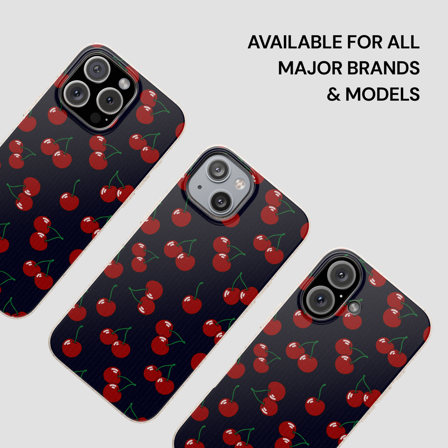 Phone cases with cherry pattern on a light gray background