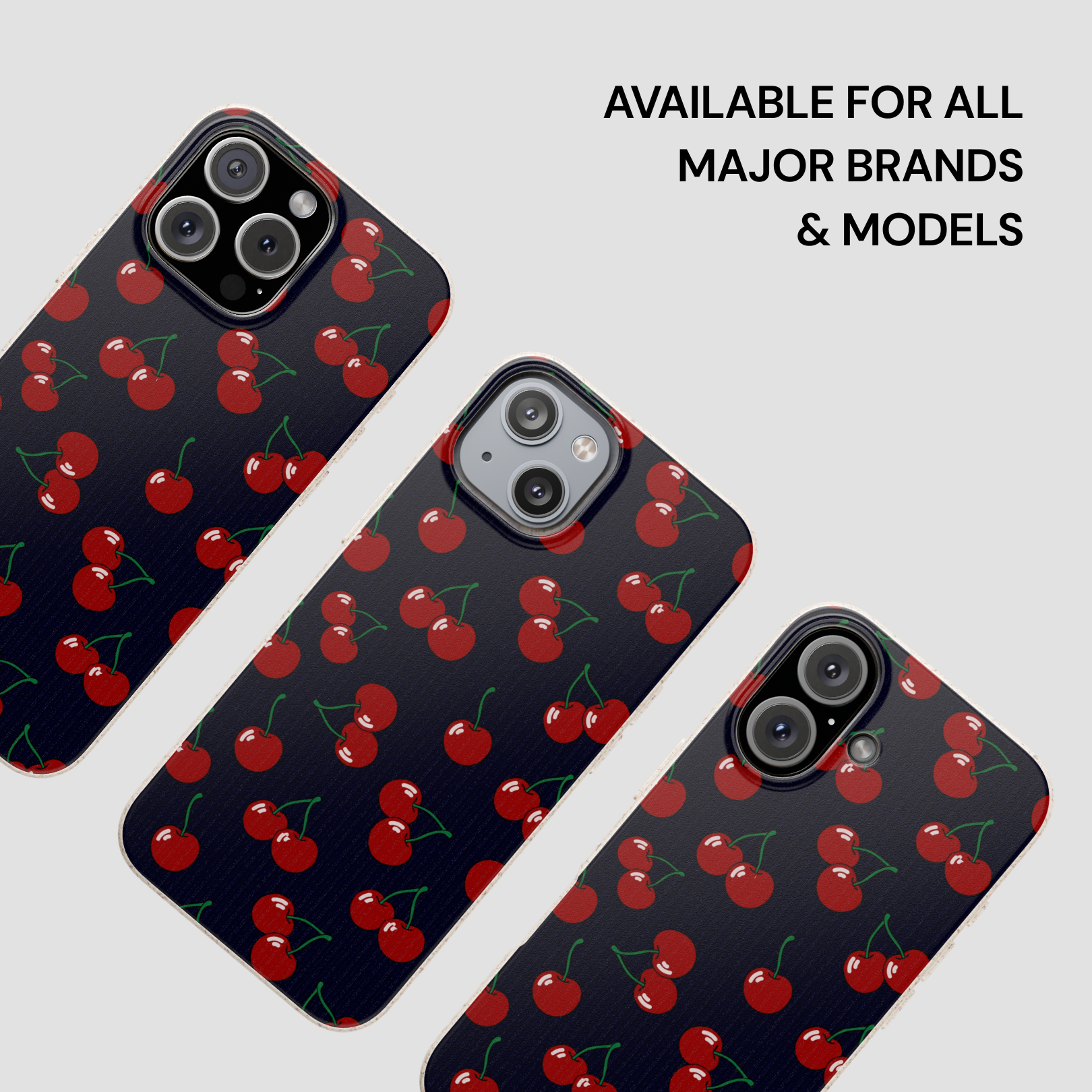 Phone cases with cherry pattern on a light gray background