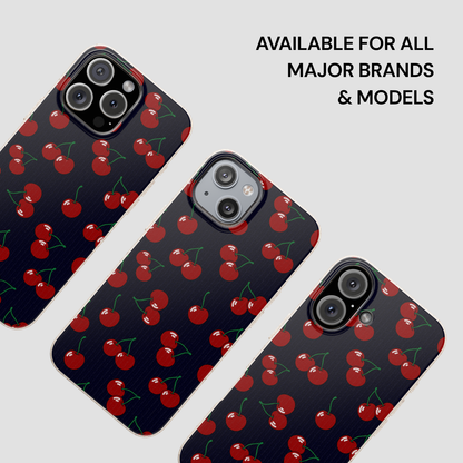 Phone cases with cherry pattern on a light gray background