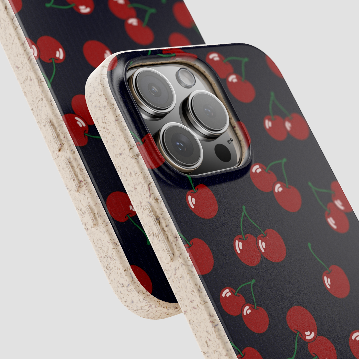 Phone case with cherry pattern on a dark background