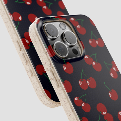 Phone case with cherry pattern on a dark background
