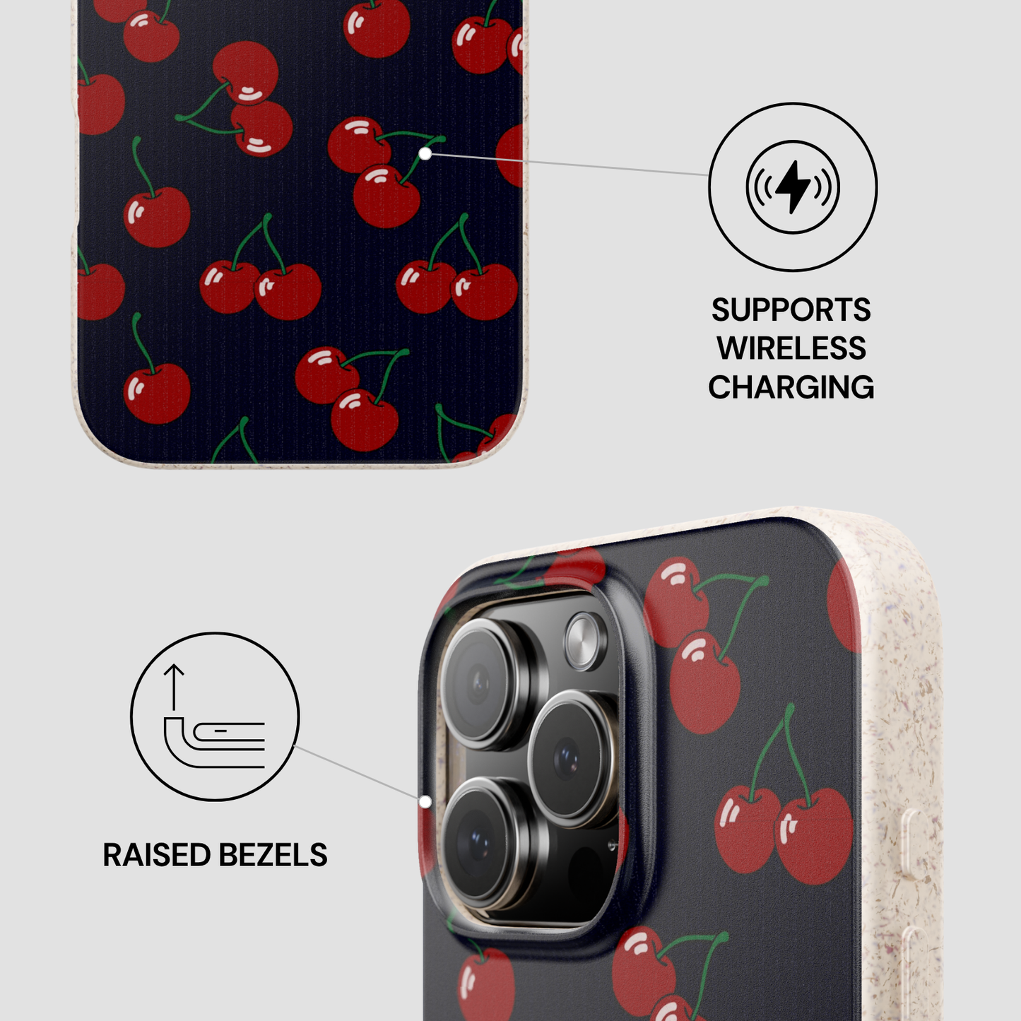 Phone case with cherry pattern and wireless charging symbol on a gray background