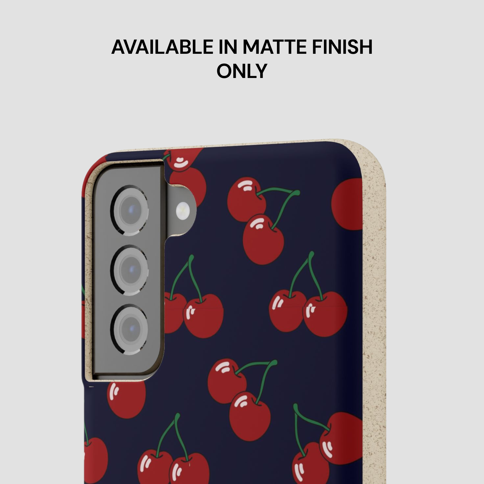 Phone case with cherry pattern on a dark blue background