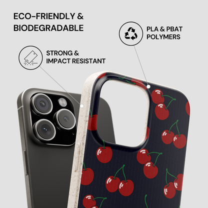Phone case with cherry pattern on a gray background, featuring eco-friendly and biodegradable properties.