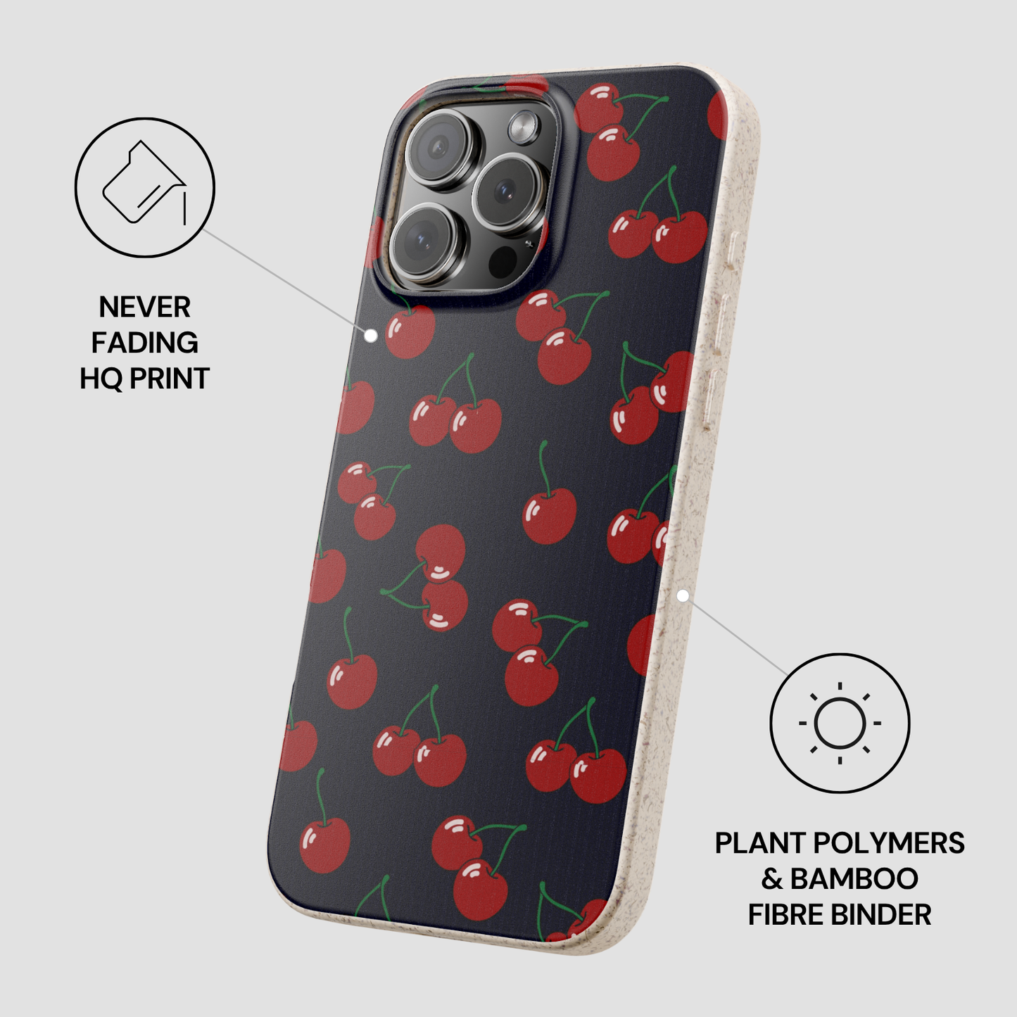 Phone case with cherry pattern on a dark background