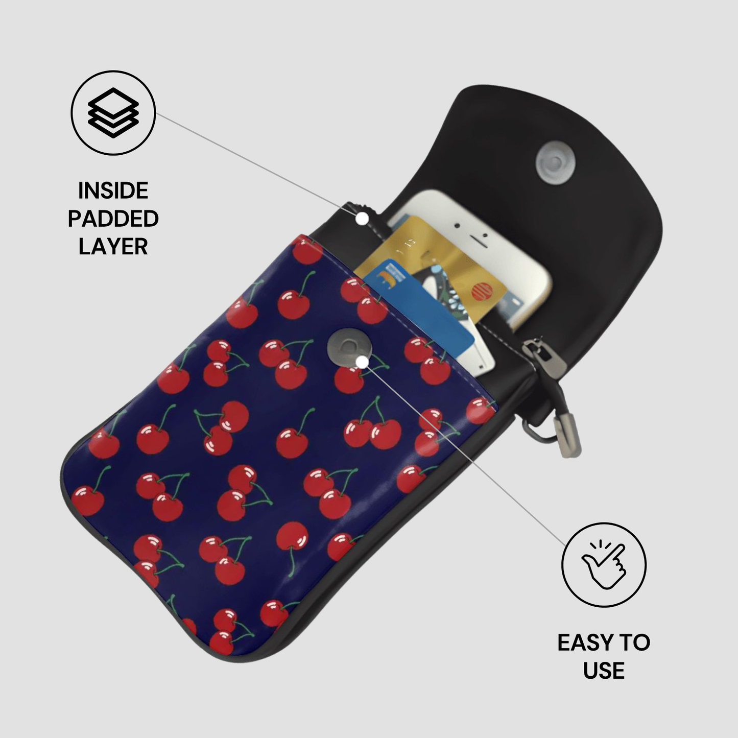 Phone case with cherry pattern and card slots on a gray background