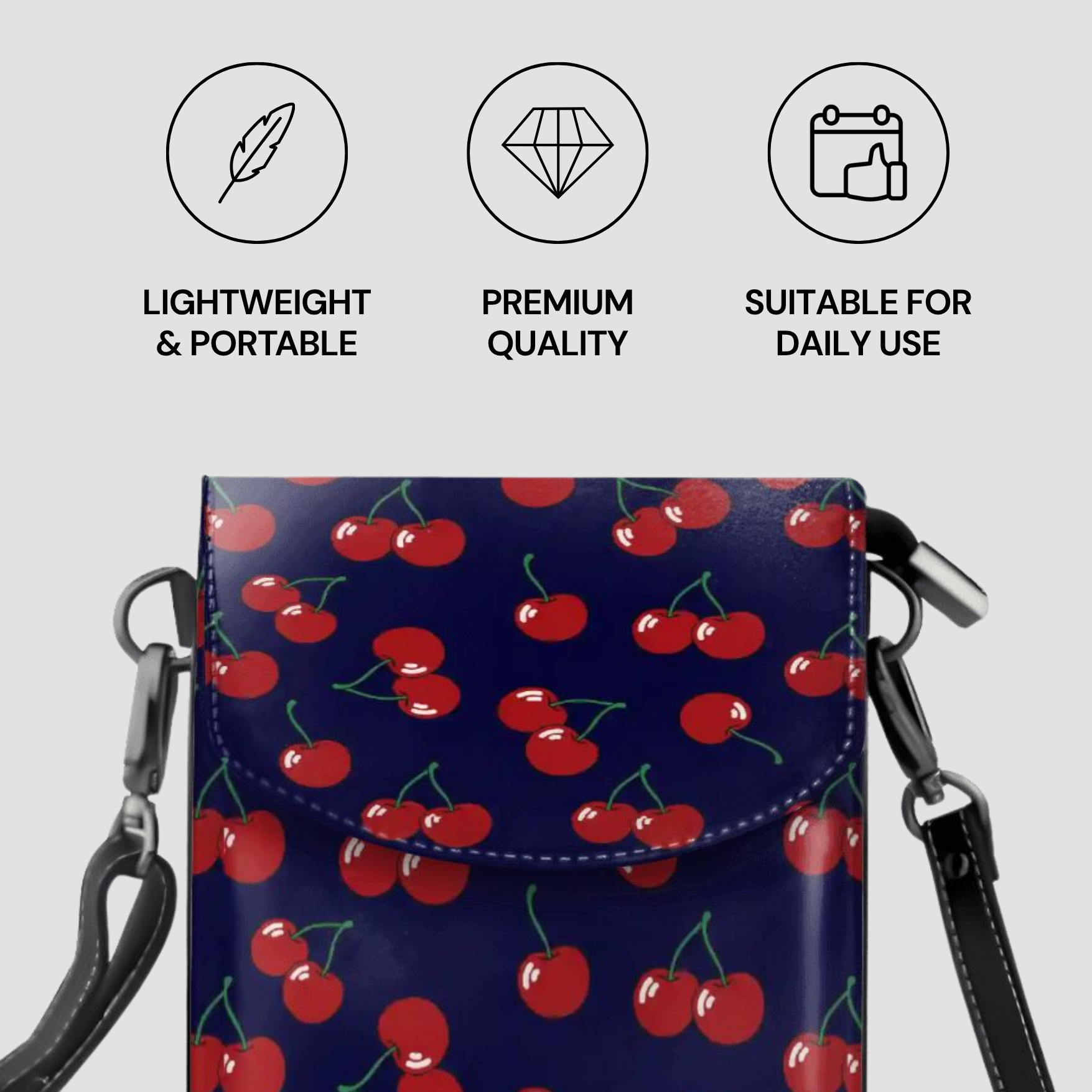 Blue pouch with red cherry pattern on a light gray background