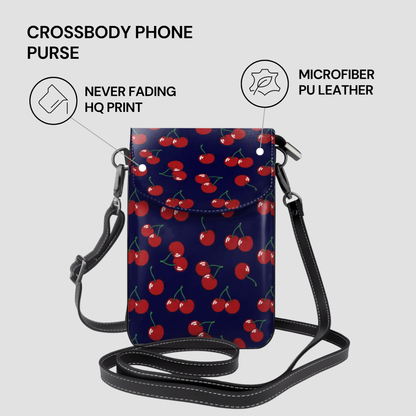 Crossbody phone purse with cherry pattern on a light gray background