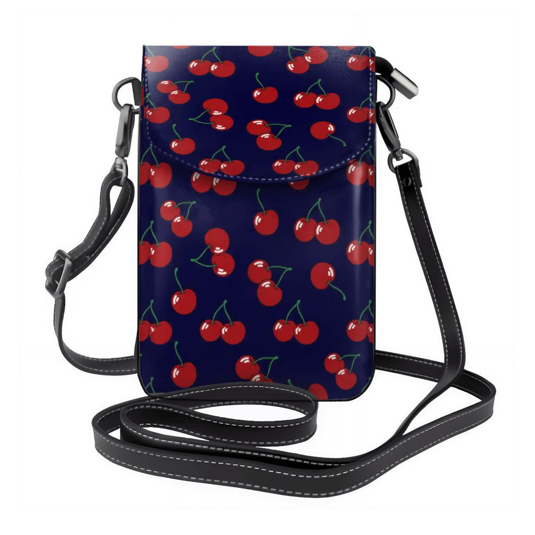 Crossbody bag with cherry pattern on a blue background
