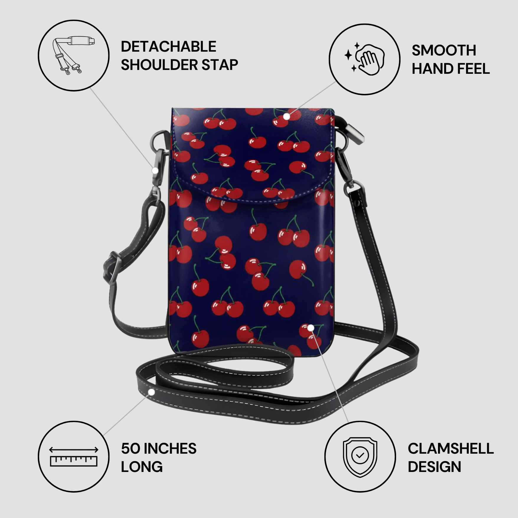 Phone crossbody bag with cherry pattern on a light gray background