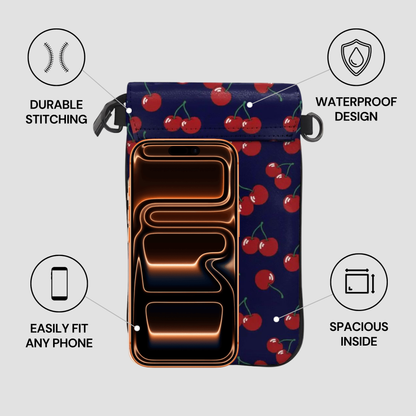 Phone case with cherry design and features highlighted on a gray background