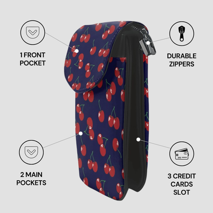 Blue pouch with cherry pattern featuring text on features