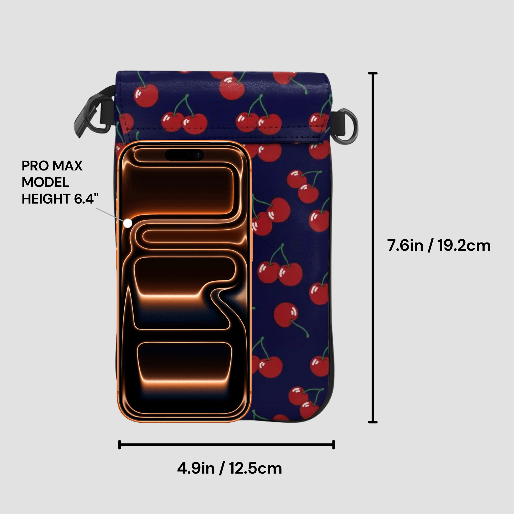 Phone case with cherry pattern and measurements on a light gray background