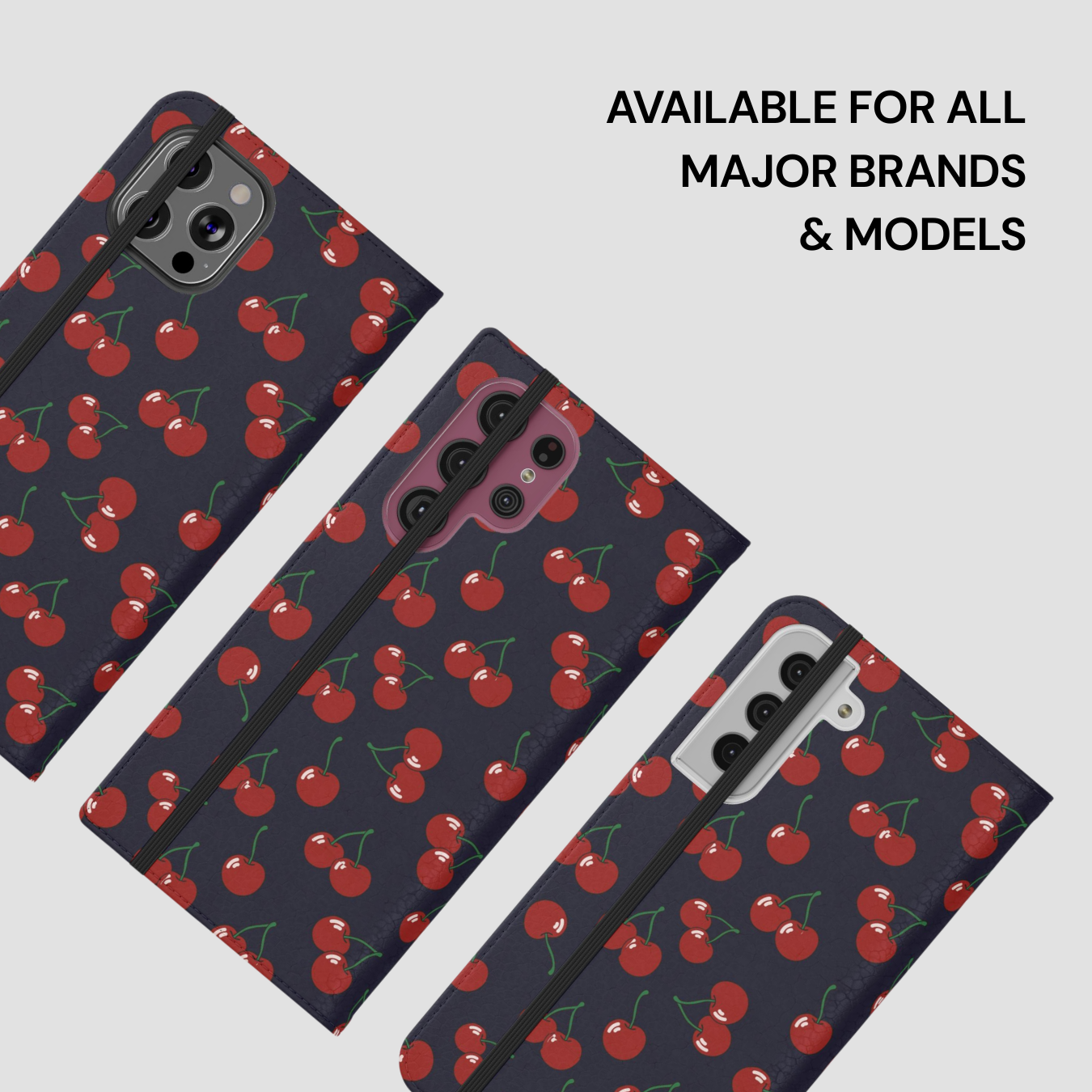 Phone case with cherry pattern on a gray background